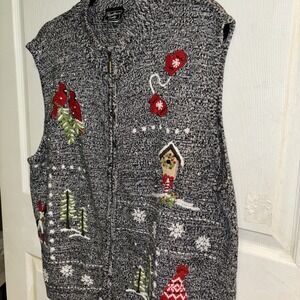 Woman's Southern Lady 2X Grey Christmas Vest With Cardinals, Snowflakes, Trees